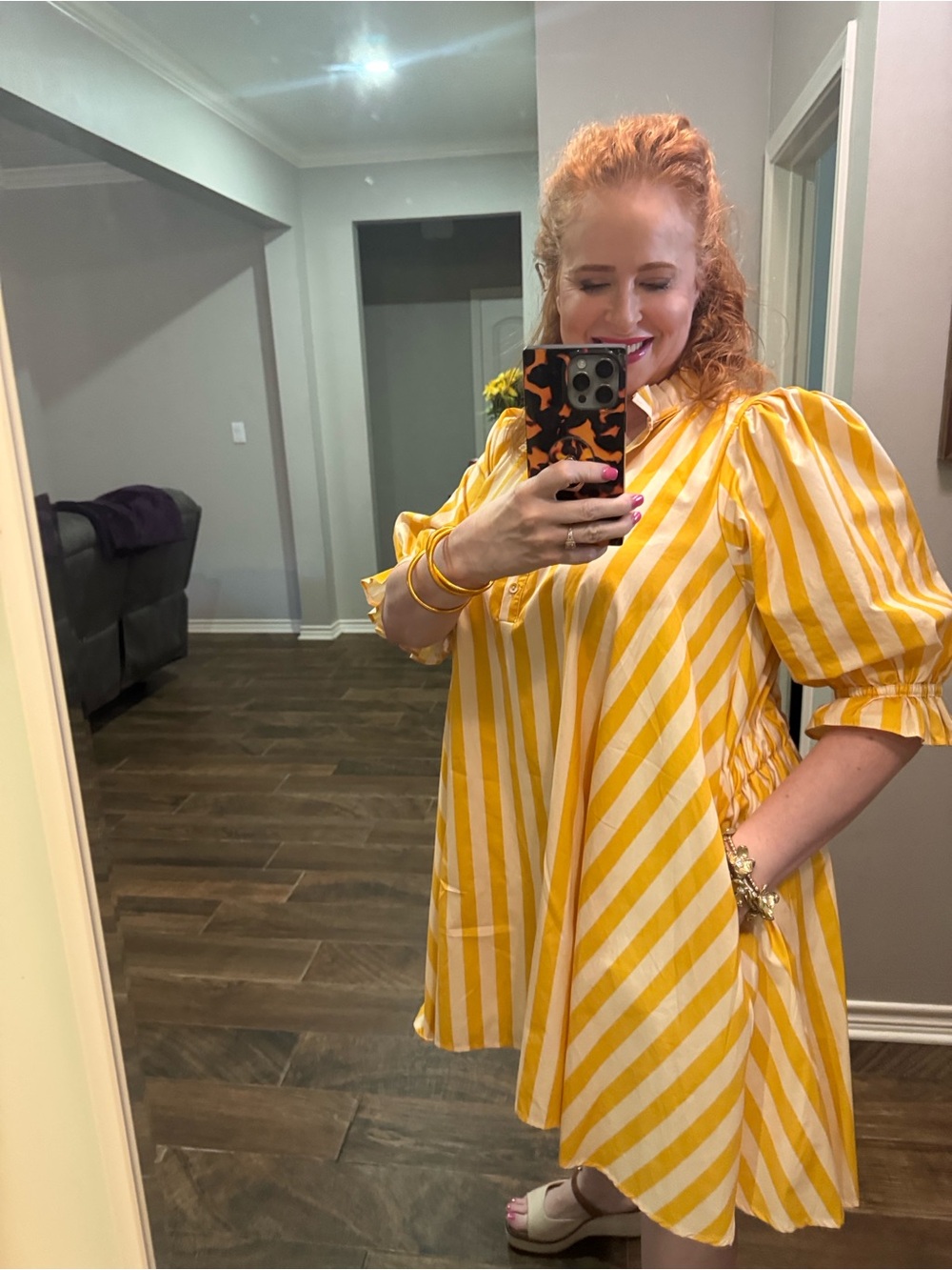 entro Yellow and White Striped Puff-Sleeve Mini Dress